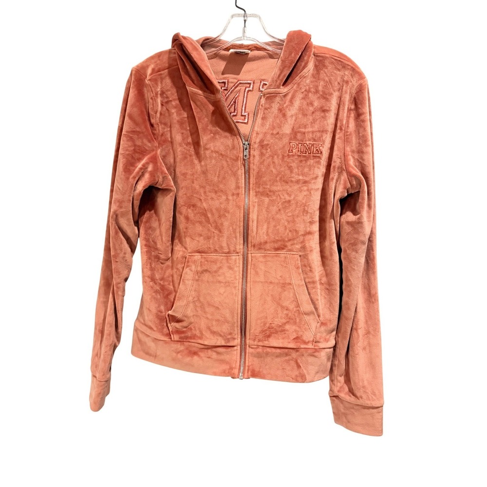 Victoria's Secret PINK Velour Zip Hoodie Coral Emboidered Logo Jacket Small - Picture 3 of 11